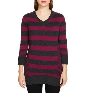 Halogen sweater women's burgundy gray back zip up striped 100% Merino Wool SZ SM